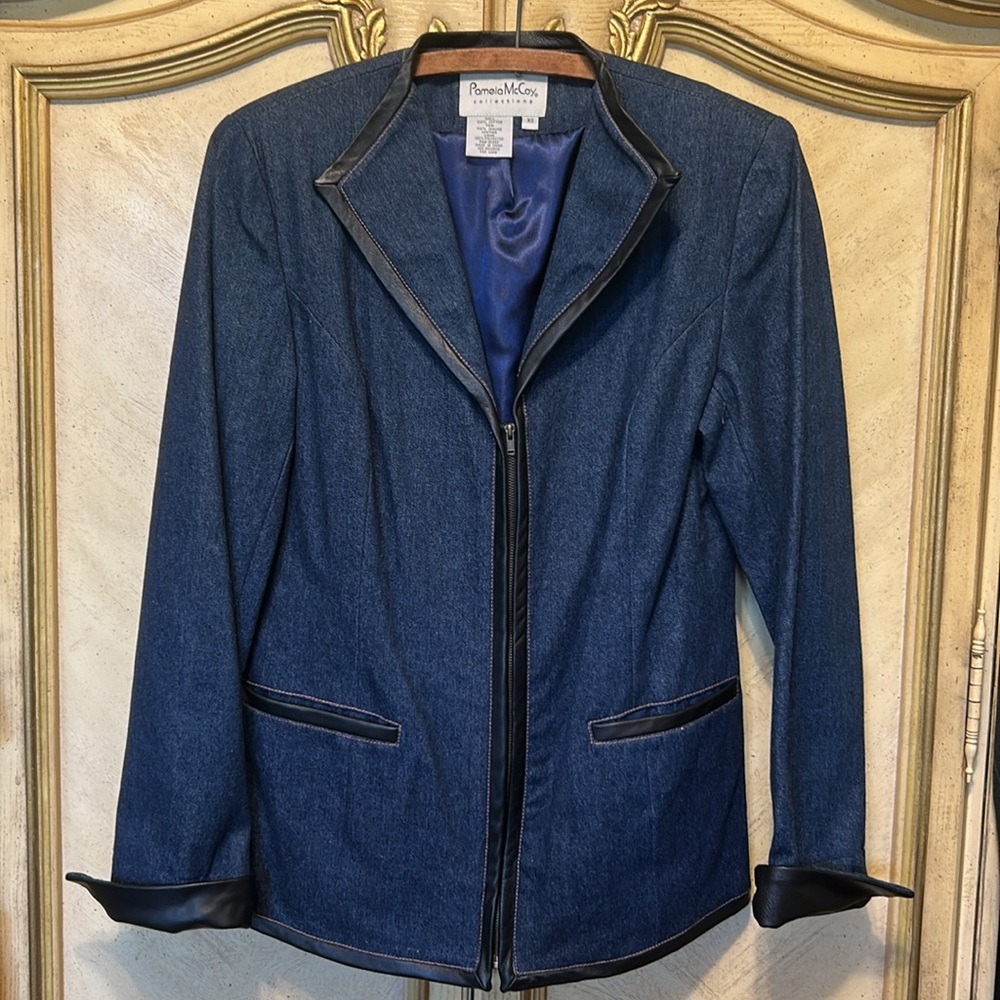 Pamela McCoy Blue Black Denim & Leather Accent Zip Front Jacket